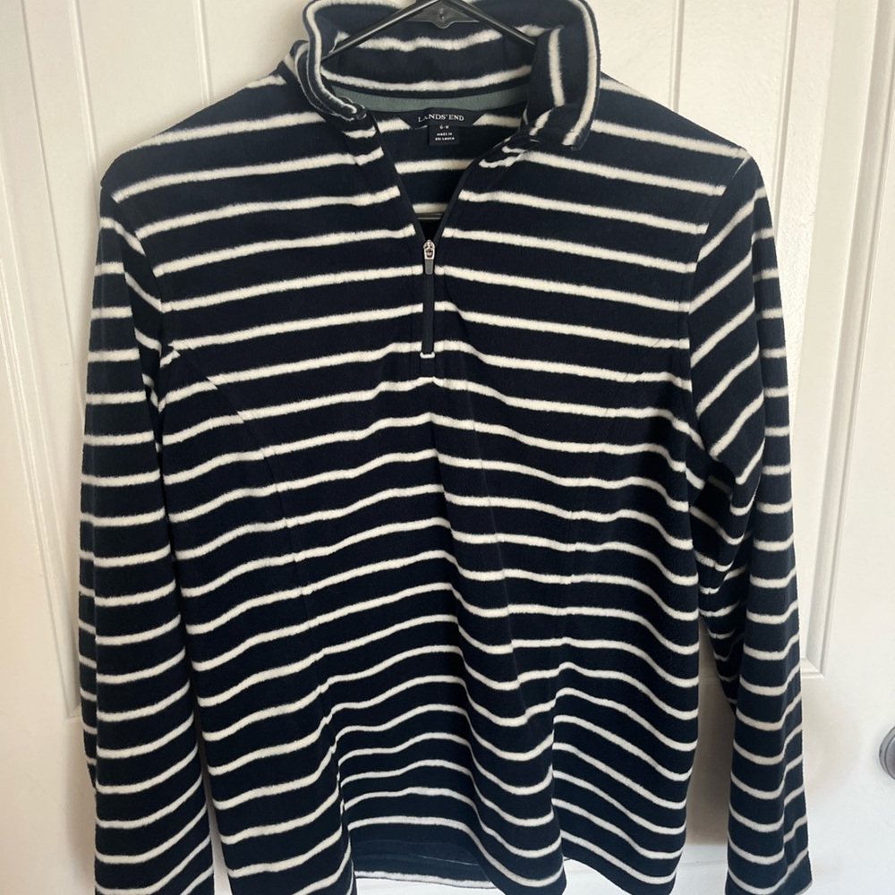 Lands' End Navy & White Striped Zip-Up Sweater